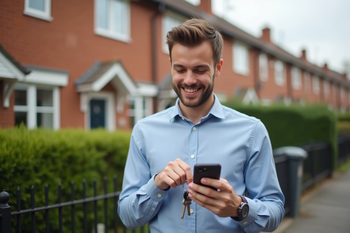 Jeune homme regardant son smartphone devant une maison urbaine