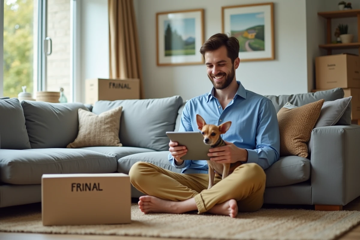 Jeune homme détendu dans un salon en regardant des annonces de location