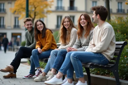 Groupe d'étudiants lyonnais discutant dans un parc