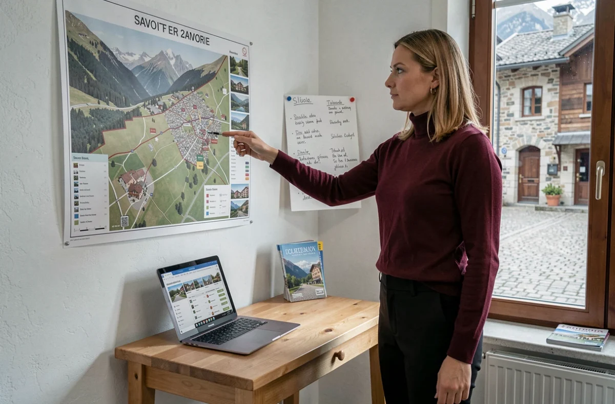 Conseillère de La Cible Immobilière en Savoie indiquant des zones immobilières sur une carte locale dans une agence de quartier