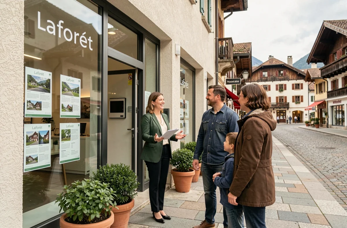 Agente Laforêt Savoie accueillant une famille devant la vitrine de l'agence en ville avec architecture alpine en arrière-plan