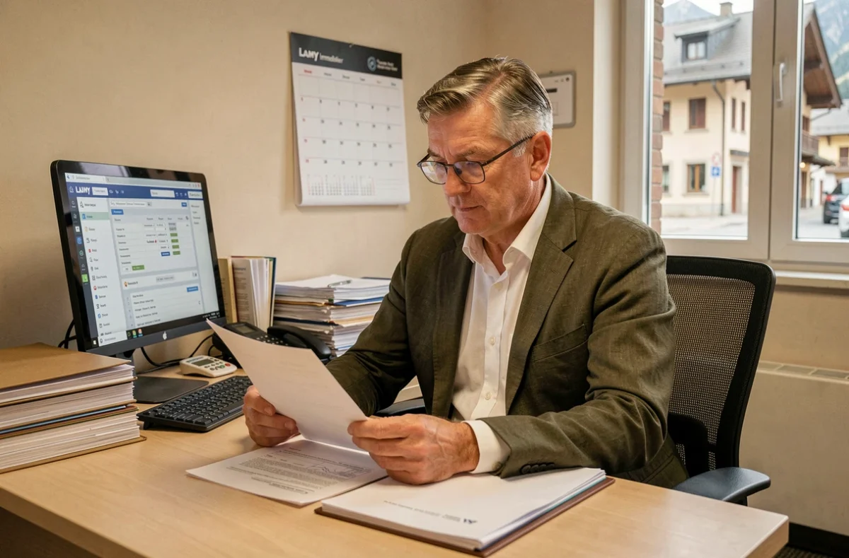 Agent expérimenté de Lamy Immobilier Savoie examinant un contrat de location dans un bureau professionnel bien organisé
