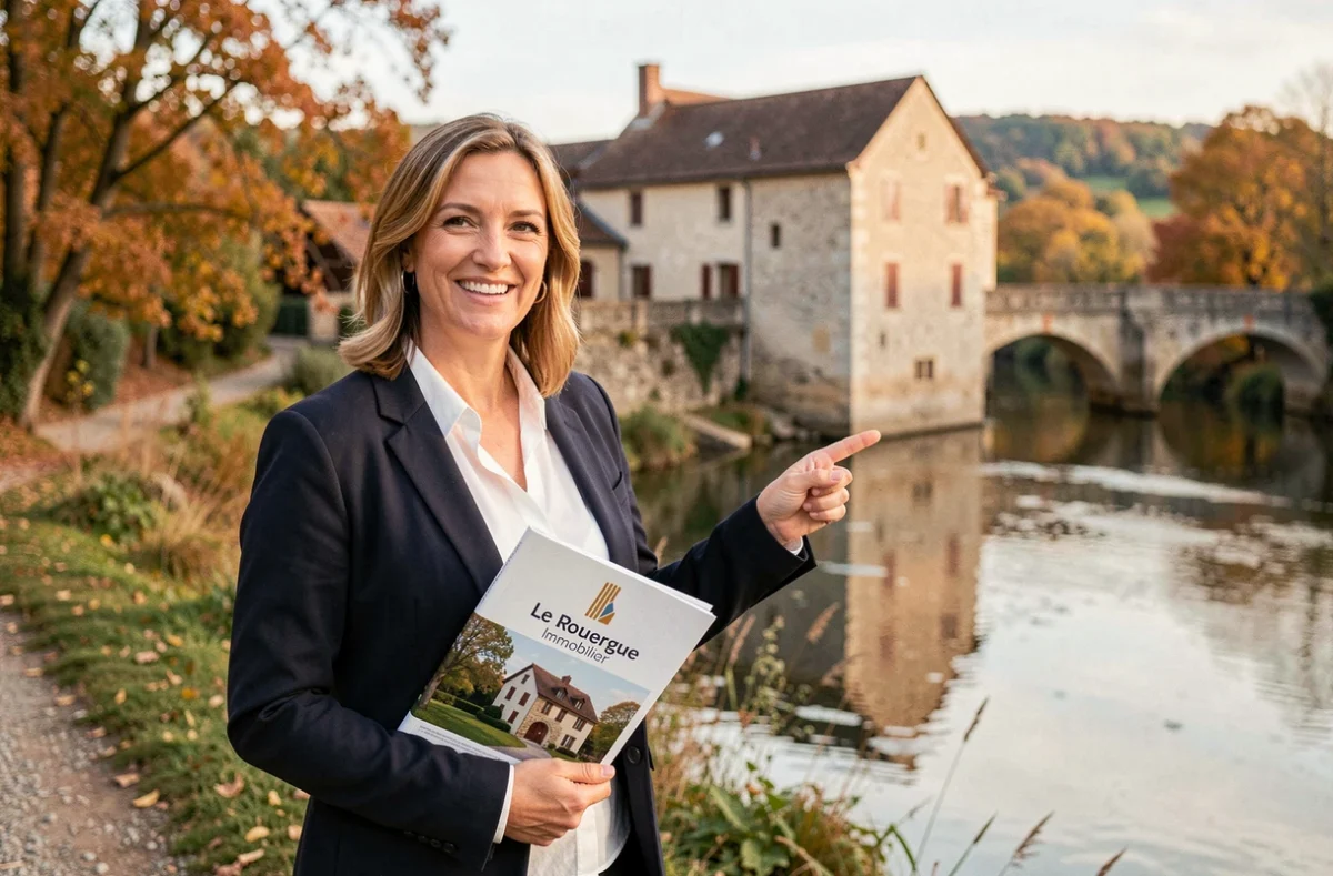 Agente du Rouergue Immobilier au bord de la rivière Aveyron devant un moulin en pierre typique du Rouergue