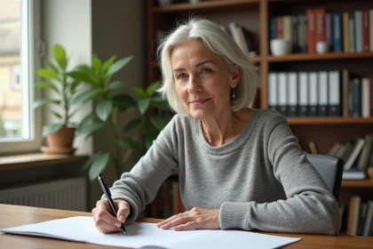Femme rédigeant une lettre de garant manuscrite à son bureau, stylo en main sur feuille blanche