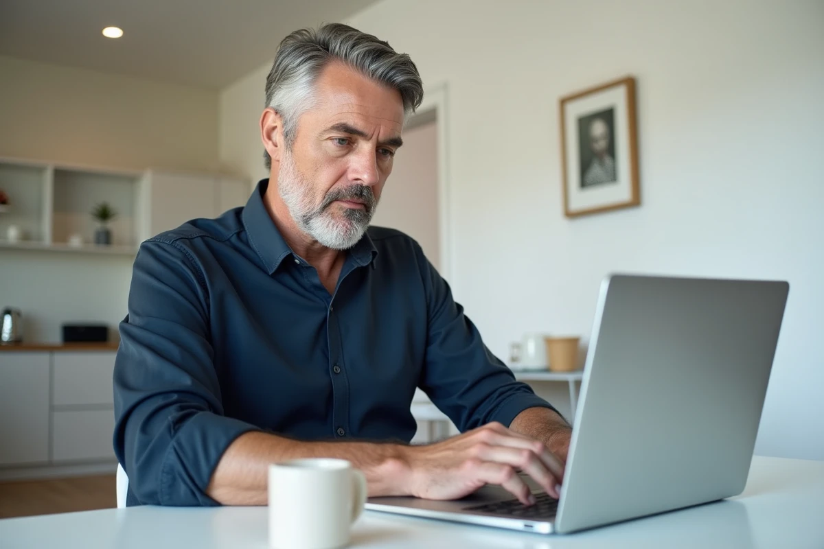Homme rédigeant une lettre de garant numérique sur ordinateur portable dans un appartement moderne