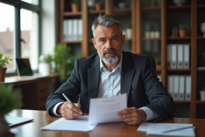 Homme d'âge moyen examinant un contrat de location dans un bureau
