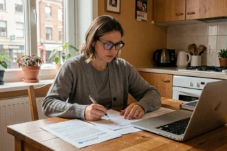 Locataire femme examinant des documents de bail et des courriers de hausse de loyer à sa table de cuisine dans un appartement urbain