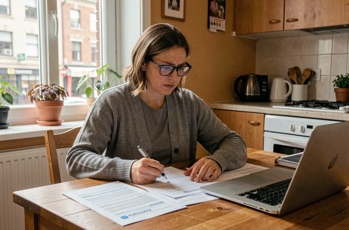 Locataire femme examinant des documents de bail et des courriers de hausse de loyer à sa table de cuisine dans un appartement urbain