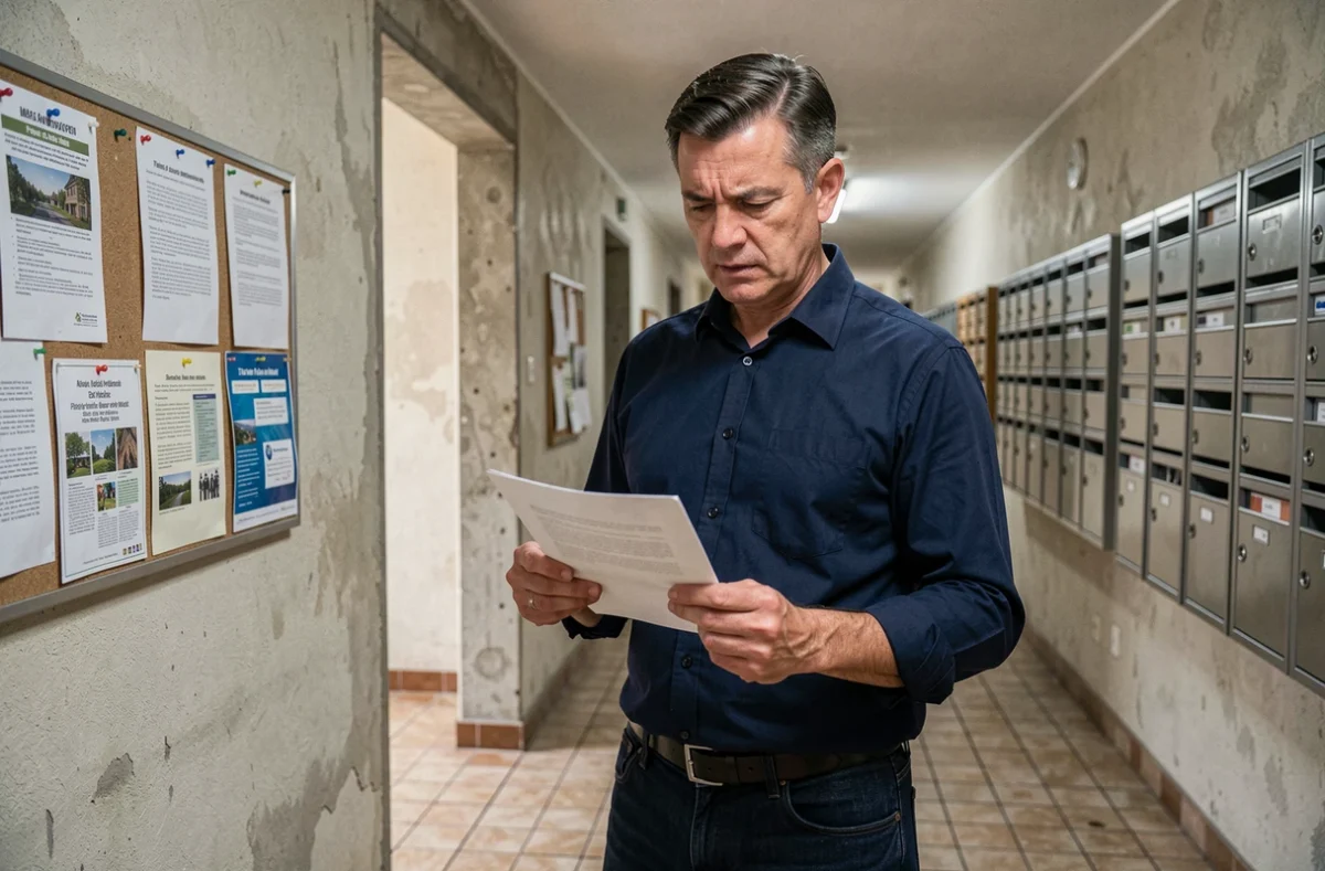 Locataire homme tenant une lettre d'augmentation de loyer dans le couloir de son immeuble résidentiel urbain
