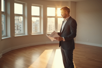 Propriétaire inquiet tenant documents dans un appartement vide