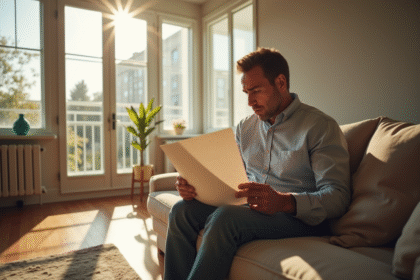 Locataire inquiet tenant un avis d'expulsion dans un salon lumineux