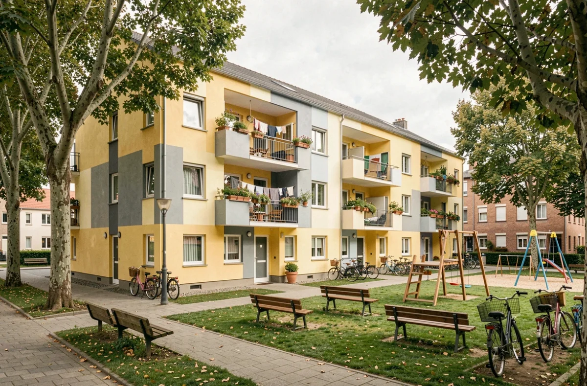 Résidence de logement social de Loger Habitat dans une ville du Pas-de-Calais, avec espaces verts et balcons fleuris