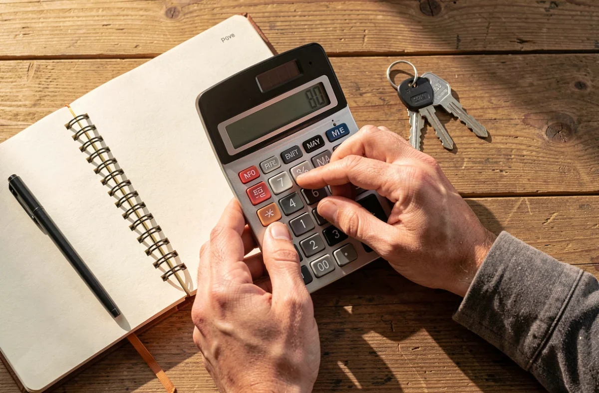 Mains calculant une mensualité de prêt avec des clés de maison