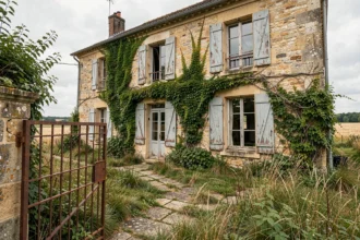 Maison abandonnée en pierre à vendre en Île-de-France avec jardin envahi par la végétation