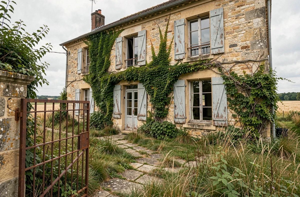 Maison abandonnée en pierre à vendre en Île-de-France avec jardin envahi par la végétation
