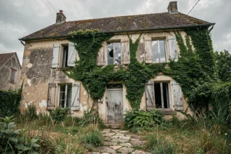 Maison abandonnée en pierre avec volets délabrés et jardin envahi par les mauvaises herbes en milieu rural