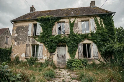 Maison abandonnée en pierre avec volets délabrés et jardin envahi par les mauvaises herbes en milieu rural