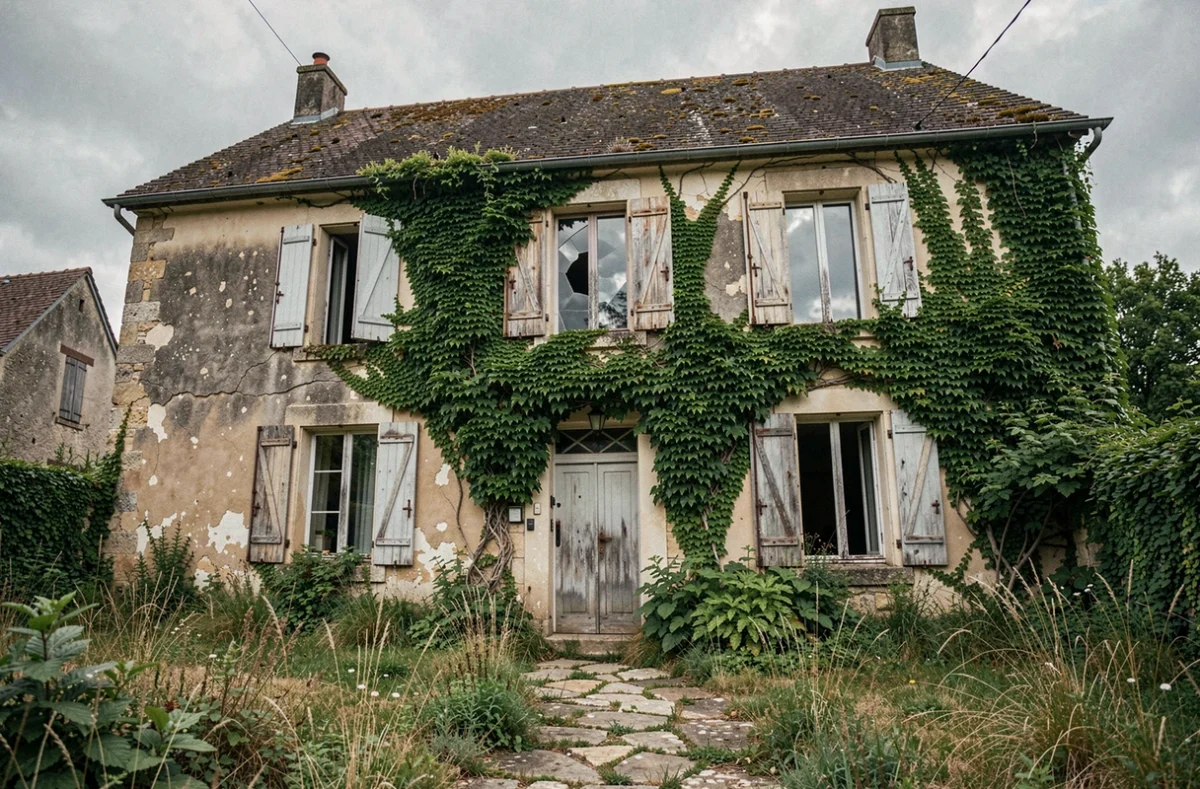 Maison abandonnée en pierre avec volets délabrés et jardin envahi par les mauvaises herbes en milieu rural