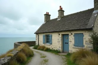 Maison normande en pierre sur une falaise au bord de la mer sous un ciel nuageux, illustrant les effets du climat côtier sur les matériaux de construction