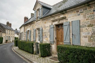 Façade d'une maison en pierre traditionnelle à vendre à Beauvais, avec volets bleus, portail en fer forgé et chemin en pavés