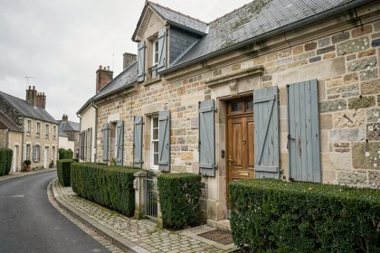 Façade d'une maison en pierre traditionnelle à vendre à Beauvais, avec volets bleus, portail en fer forgé et chemin en pavés