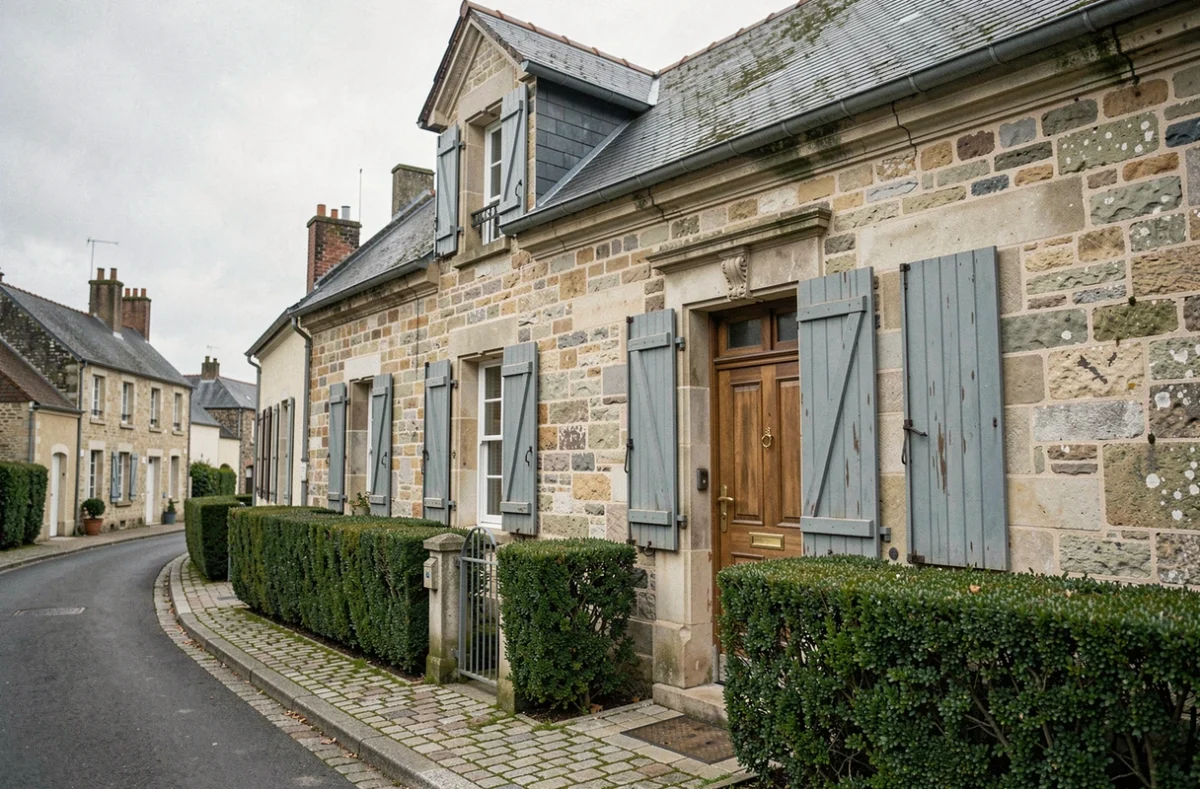 Façade d'une maison en pierre traditionnelle à vendre à Beauvais, avec volets bleus, portail en fer forgé et chemin en pavés