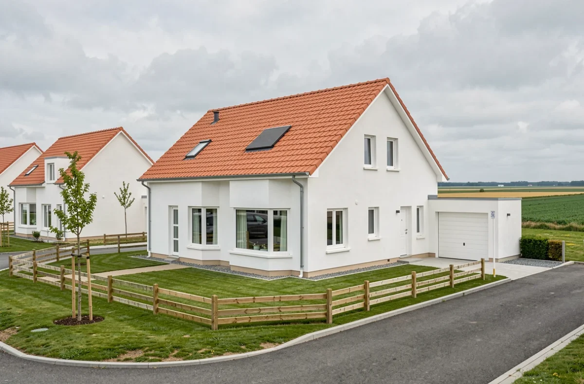 Maison individuelle neuve construite par Maisons Haut de France dans le Pas-de-Calais, avec façade blanche et toiture tuiles