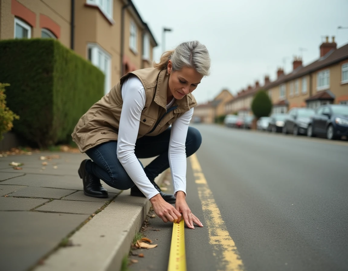 Femme mesurant la largeur d'une place de parking sur une allée résidentielle avec un mètre ruban
