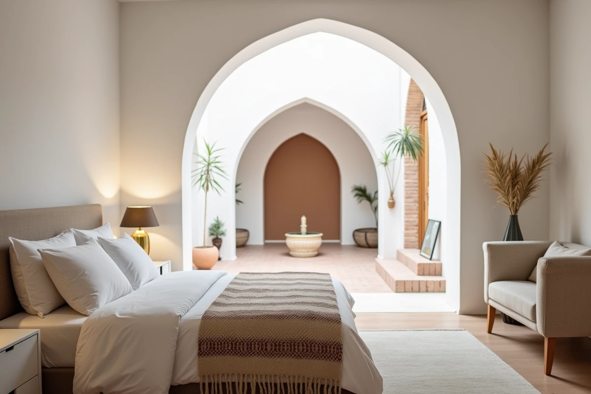 Chambre principale mise en scène dans un appartement de style riad à Marrakech avec linge blanc, couverture berbère tissée et arche traditionnelle ouvrant sur une cour intérieure