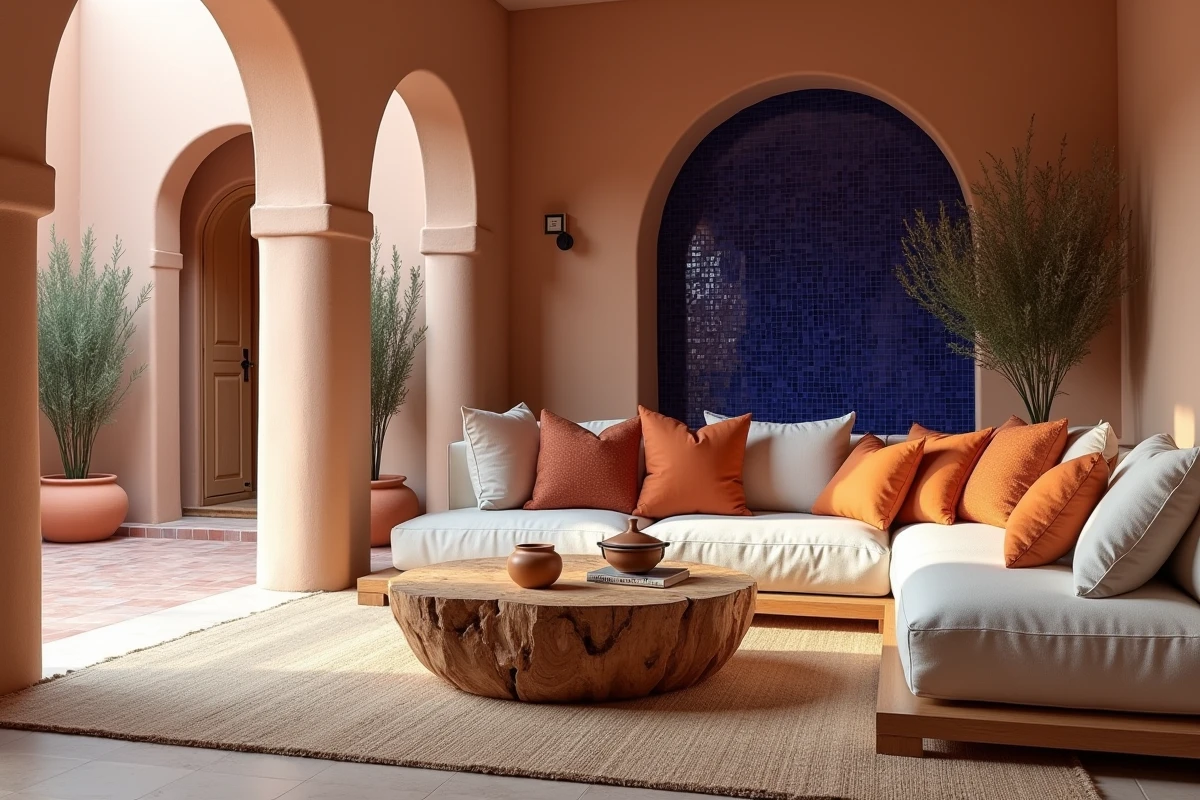 Salon marocain moderne mis en scène dans un appartement à Marrakech avec canapé en lin ivoire, zellige bleu cobalt et décoration artisanale pour maximiser l'attrait à la vente