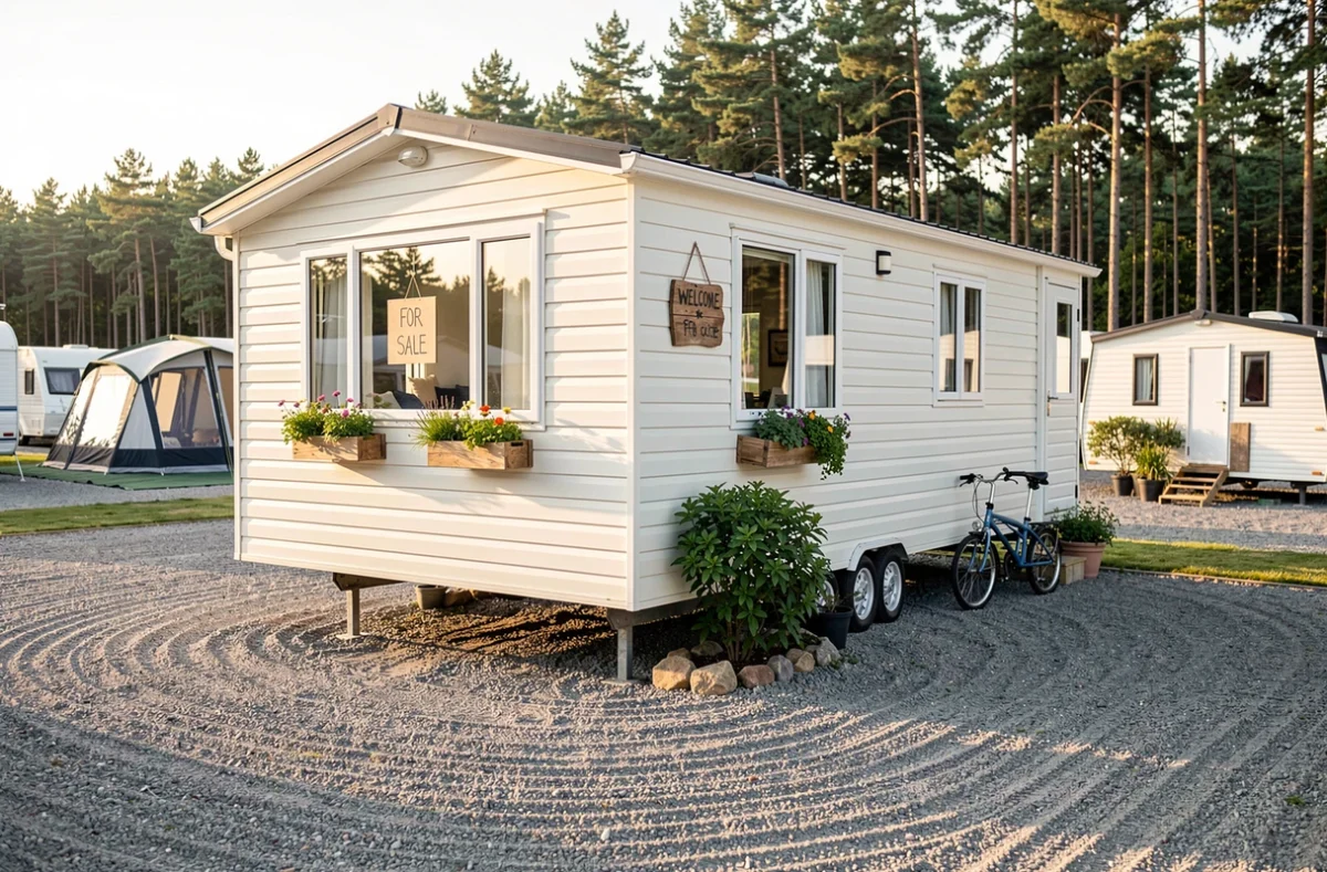 Mobil-home à vendre sur son emplacement de camping avec panneau discret, encore occupé par ses propriétaires en fin de saison