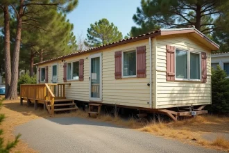Mobil-home ancien de plus de 20 ans dans un camping, façade vieillie avec panneaux décolorés et terrasse en bois abîmée