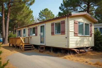 Mobil-home ancien de plus de 20 ans dans un camping, façade vieillie avec panneaux décolorés et terrasse en bois abîmée