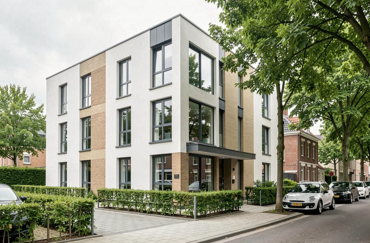 Immeuble résidentiel moderne de Nacarat à Lens, avec architecture contemporaine en enduit blanc et détails en brique