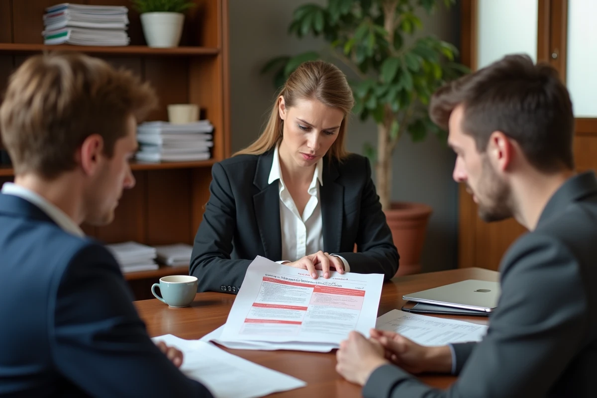 Agent immobilier présentant un diagnostic de fosse septique non conforme à des acheteurs potentiels dans une agence française