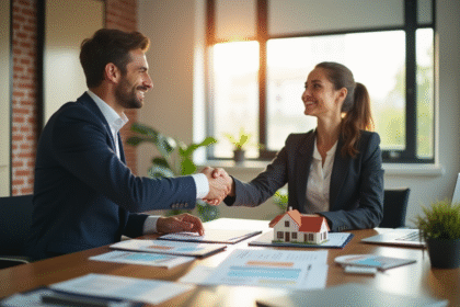 Agent immobilier en négociation avec un client dans un bureau lumineux