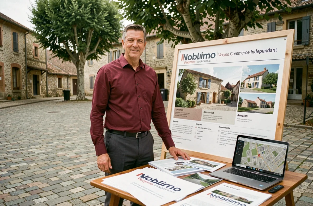 Consultant de Noblimo Verymo Commerce Indépendant présentant des biens commerciaux dans une place de ville en Aveyron