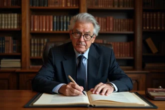 Notaire en costume sombre examinant des documents officiels de viager dans un bureau traditionnel parisien