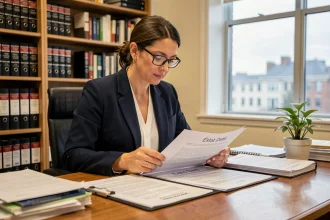 Notaire femme examinant un modèle pré état daté avant une vente immobilière dans un bureau professionnel