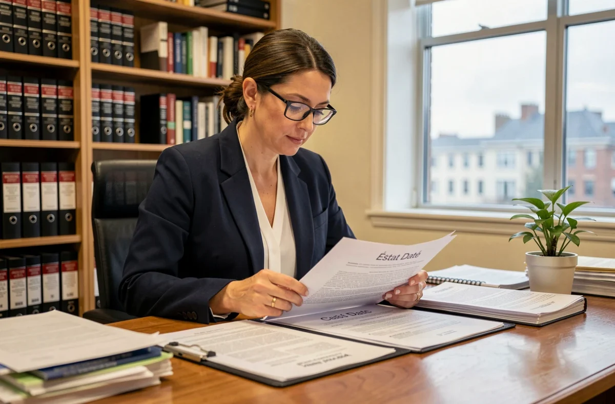 Notaire femme examinant un modèle pré état daté avant une vente immobilière dans un bureau professionnel