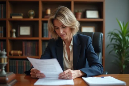 Femme notaire en bureau à Limoges avec documents