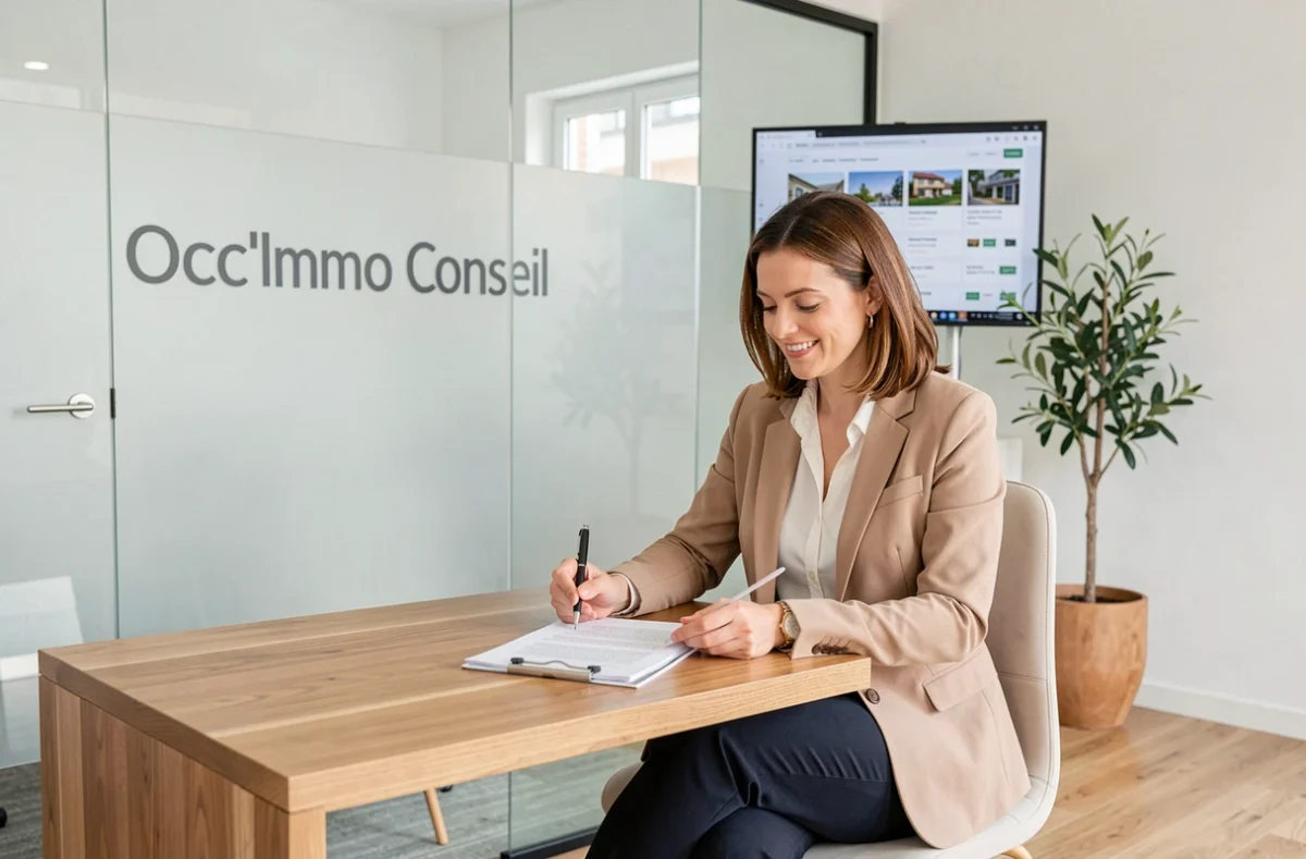 Conseillère immobilière de l'agence Occ'Immo Conseil dans un bureau moderne à Rodez, examinant des documents de propriété