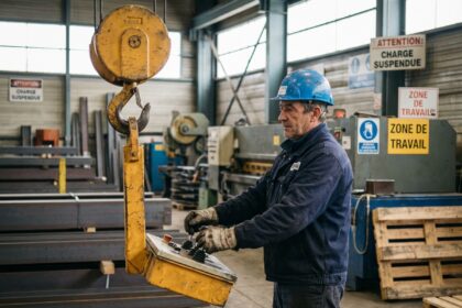 Opérateur industriel manœuvrant une grue dans un entrepôt à Toulouse