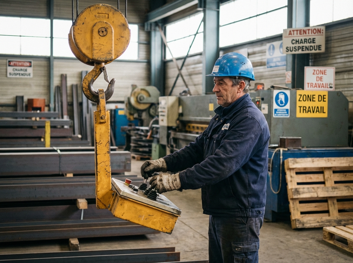 Opérateur industriel manœuvrant une grue dans un entrepôt à Toulouse