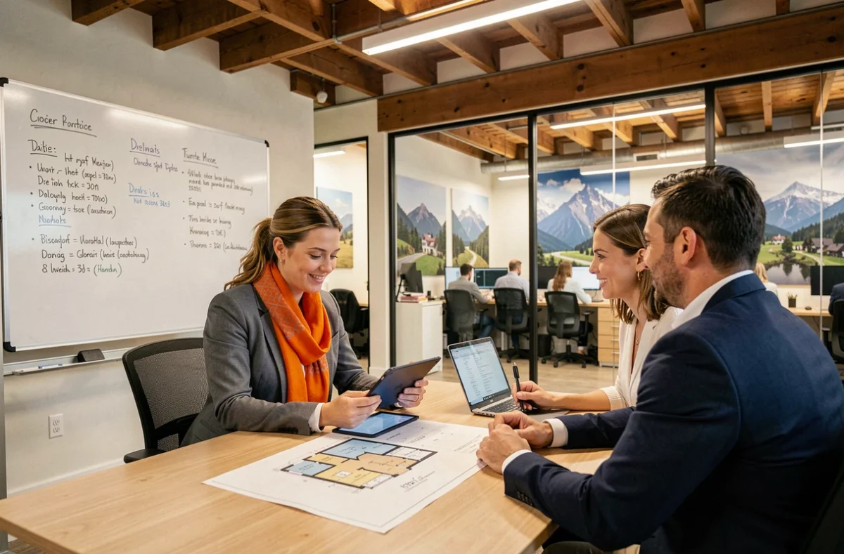 Agente Orpi Savoie en consultation avec un couple dans une agence coopérative moderne avec plans immobiliers sur la table
