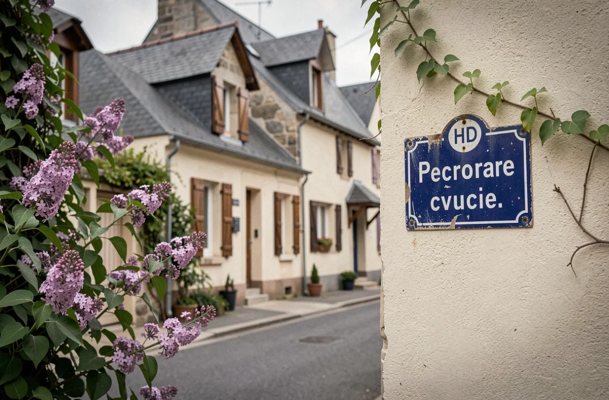Panneau de rue émaillé bleu d'une impasse résidentielle française entouré de lilas en fleurs et de façades pavillonnaires