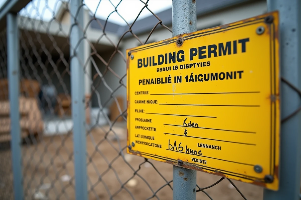 Panneau de permis de construire jaune affiché sur une clôture de chantier avec champs remplis