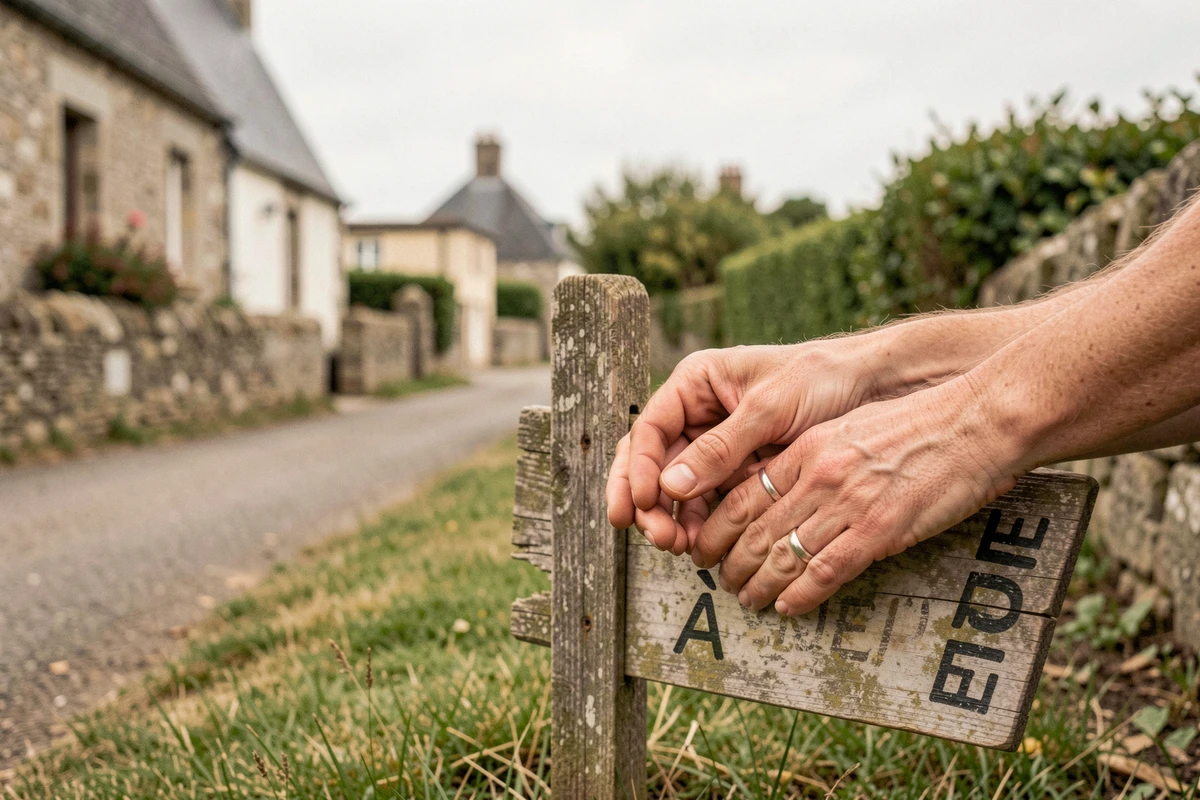Panneau à vendre planté dans le jardin d'une maison bretonne lors d'une vente urgente pour divorce dans le Morbihan