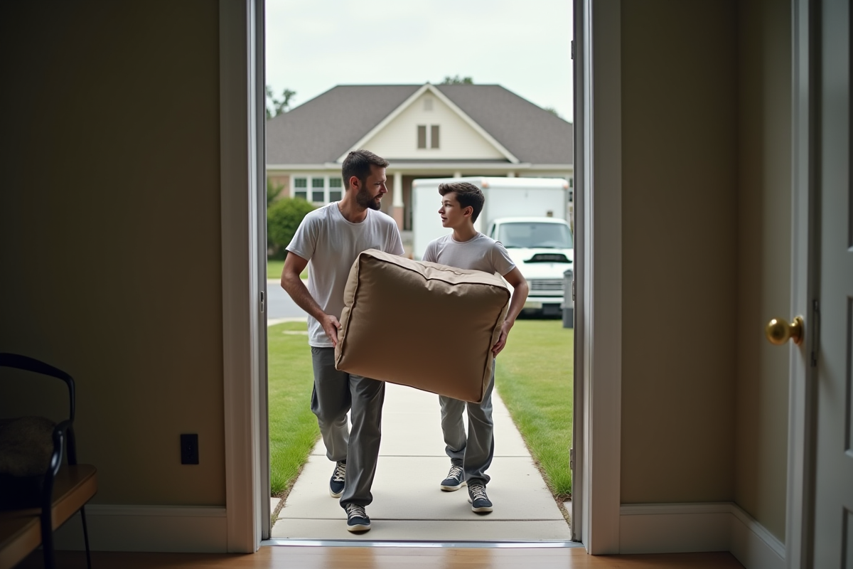 Pere et fils portant un sofa lors d un déménagement