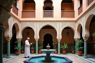 Patio intérieur d'un riad traditionnel à vendre dans la médina de Marrakech avec fontaine en zellige et arcades en plâtre sculpté